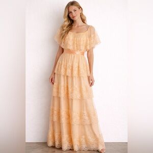 Vintage 70s Peach Orange Tiered Lace Maxi Dress SMALL Boho Festival Romantic